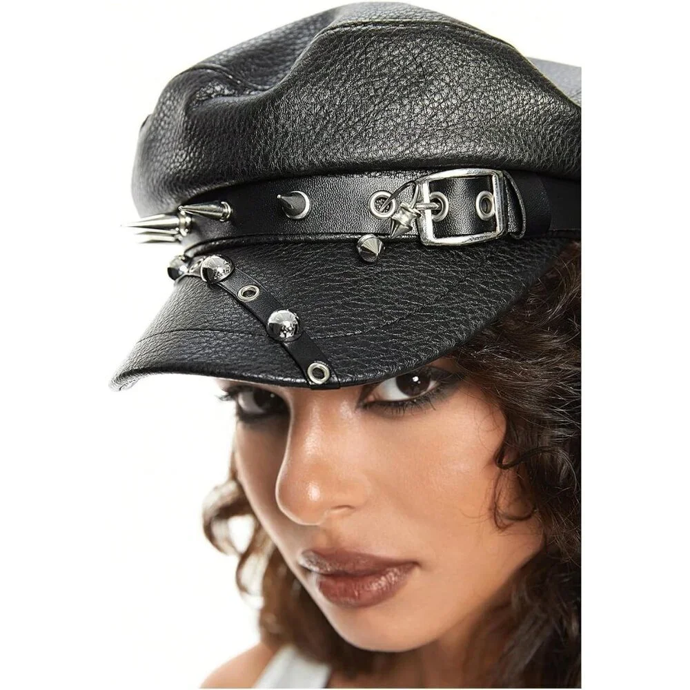 Women's Black Rivet Pu Leather Beret Fashion Caps Punk Rock Gothic Hats